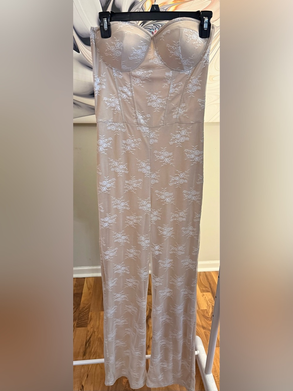 Fashion Nova Beige Strapless Lace-Overlay Jumpsuit